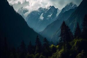 Foto fantasi berg landskap med skog generativ ai