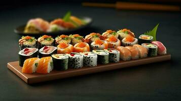 sushi meny. rulla med lax, avokado, gurka. japansk mat. skapas med generativ ai foto