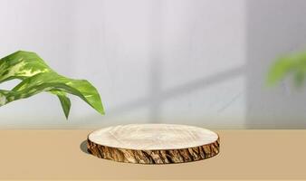 runda trä skiva podium för produkt visa, produkt monter trä- stå med löv foto