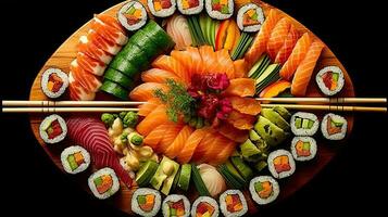 sushi meny. rulla med lax, avokado, gurka. japansk mat. skapas med generativ ai foto
