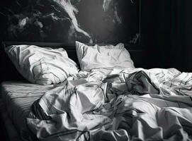 topp se av obäddad strö ark och kudde ,obäddad rörig säng efter bekväm sömn begrepp skapas med generativ ai teknologi. foto