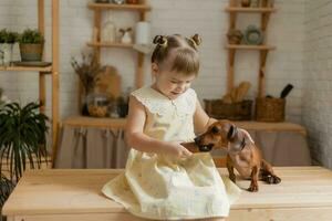en liten Lycklig flicka spelar med en tax hund i de kök foto