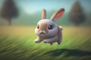 en liten kanin Hoppar med en suddig bakgrund genererad förbi ai foto