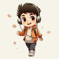 Häftigt anime pojke stil med hörlurar, genererad förbi ai foto