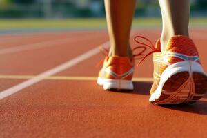 stänga upp se av löpare sport skor sprinta löpning på Spår. Träning för maraton. generativ ai foto
