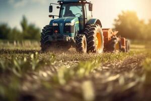 traktor gödsling en fält. framtida teknologi med lantbruk jordbruk begrepp. generativ ai foto