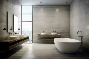 minimalistisk badrum med betong golv, en tabell med Tillbehör på Det. generativ ai foto