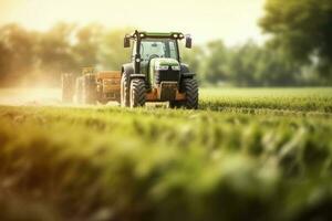 traktor gödsling en fält. framtida teknologi med lantbruk jordbruk begrepp. generativ ai foto