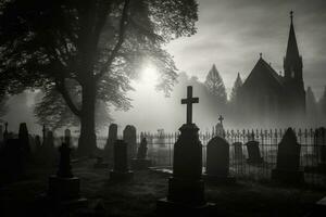 ett tidigt dimma beläggning ett grav gård med gravstenar. de gravstenar i de förgrund. generativ ai foto