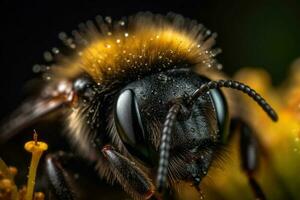 de bi med de pollen på dess huvud och ben. en slående makro skott. generativ ai foto