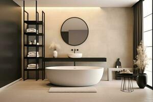minimalistisk badrum med betong golv, en tabell med Tillbehör på Det. generativ ai foto