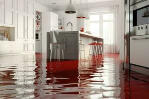översvämmad golv i kök från vatten läcka. skada. fast egendom försäkring. generativ ai foto