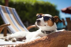 domkraft russell terrier hund med solglasögon solbad på Sol solstol. generativ ai foto