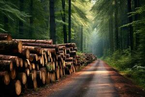 logga trunkar lugg, de skogsavverkning timmer trä industri. skära träd längs en väg. generativ ai foto