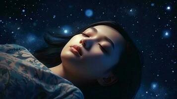 drömma bland de stjärnor 3d illustration av en ung asiatisk kvinna sovande i djup Plats. generativ ai foto