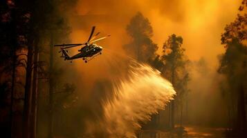 brand stridande helikopter bära vatten hink till släcka de skog brand foto