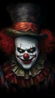 galen clown skrattande i främre av svart bakgrund foto