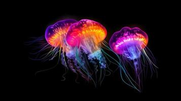 lysande manet simma djup i blå hav. medusa neon manet fantasi i Plats kosmos bland stjärnor foto