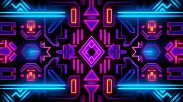 abstrakt neon ljus lysande linjer, aztek mayan stil mönster design illustration . ai genererad foto