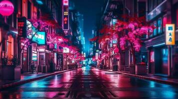 natt scen av efter regn stad i cyberpunk stil, trogen nostalgisk 80-tal, 90-tal. neon lampor vibrerande färger, fotorealistisk horisontell illustration. ai genererad foto