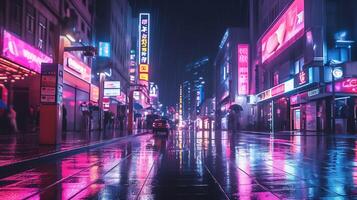 natt scen av efter regn stad i cyberpunk stil, trogen nostalgisk 80-tal, 90-tal. neon lampor vibrerande färger, fotorealistisk horisontell illustration. ai genererad foto