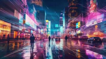 natt scen av efter regn stad i cyberpunk stil, trogen nostalgisk 80-tal, 90-tal. neon lampor vibrerande färger, fotorealistisk horisontell illustration. ai genererad foto