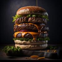 en läckra gourmet burger med Allt de fixeringar ai genererad foto