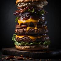 en läckra gourmet burger med Allt de fixeringar ai genererad foto