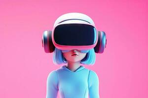 söt söt porträtt ung eller liten flicka bär virtuell verklighet glasögon och headsetet och spelar video spel i de virtuell värld, gaming begrepp bakgrund, med generativ ai. foto