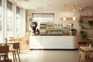 minimal interiör design kaffe Kafé bar affär med beige mysigt tona stil och med glansig elfenben vit runda hörn disken, kaffe maskineri, med generativ ai. foto