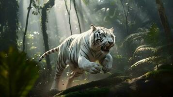 bra vit tiger löpning och hoppa i de djungel med grön växter på de bakgrund. generativ ai. foto