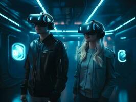 Lycklig vänner spelar video spel bär virtuell verklighet glasögon med kontroller. isolerat på framtida rum bakgrund. generativ ai teknologi. foto
