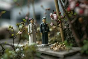 miniatyr- japansk årgång bröllop, naturlig diorama. japansk fru och Make i traditionell kläder. begrepp av klassisk romantik, kärlek och relationer skapas med generativ ai teknologi foto