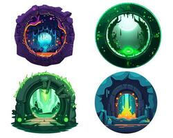 magisk portal för spel. ikon för rPG fantasi illustrationer. färgrik magisk värld. uppsättning av platt färgrik tecknad serie isolerad på vit skapas med generativ ai teknologi foto