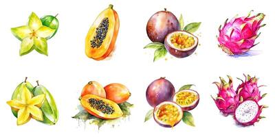 uppsättning av vattenfärg tropisk frukt isolerat på vit bakgrund drake frukt, papaya, passionen frukt, carambola. generativ ai foto
