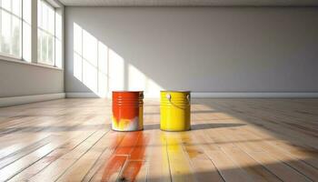 måla burkar på de golv i ett tömma rum, lägenhet renovering begrepp foto