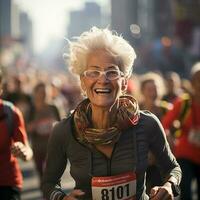 Lycklig senior kvinna löpning. senior kvinna springa maraton, ai generation foto