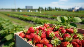 organisk färsk jordgubbar i en trä- låda på de fält. Plats för text, mockup, generativ ai foto