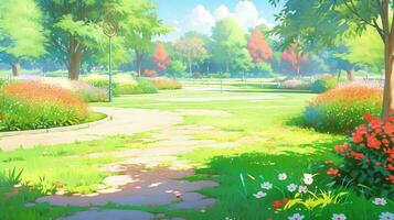 tema parkera tecknad serie scen bakgrund. grön fält med träd på solig dag. generativ ai foto