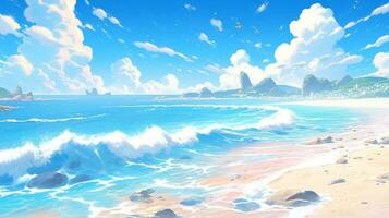 landskap landsbygden tecknad serie scen bakgrund. skön strand med hav Vinka och blå himmel på solig dag. generativ ai foto
