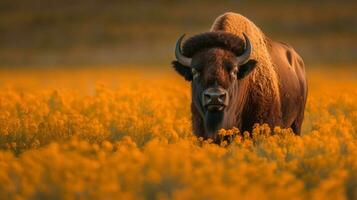 en stolt amerikan bison, dess päls strömmande med de bris, står mitt i en hisnande fält av vild foto