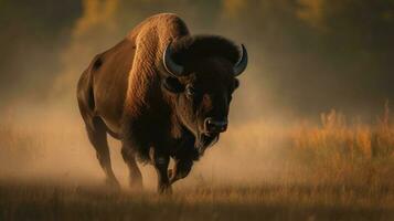 en kraftfull amerikan bison, dess horn glimmande i de solljus, galopperande tvärs över en äng foto