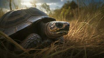 en galapagos sköldpadda, sola under de middagstid Sol på en säng av soltorkad gräs foto