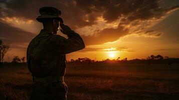 en soldat hälsning de flagga, de Sol miljö i de bakgrund foto