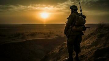 en soldat i full bekämpa redskap, stående fast och beslutsam i de hjärta av en krig zon foto