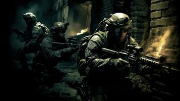 en militär särskild krafter team infiltrerar en hög säkerhet anläggningen, använder sig av natt syn glasögon och undertryckt skjutvapen foto