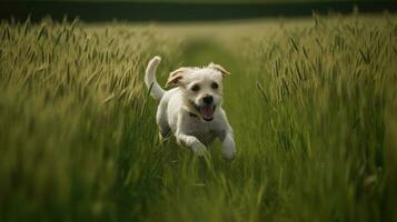 Lycklig sällskapsdjur hund valp leka i de gräs, en bild av ren salighet som den streck tvärs över de grönskande fält foto