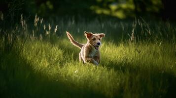 Lycklig sällskapsdjur hund valp leka i de gräs, en bild av ren salighet som den streck tvärs över de grönskande fält foto