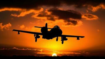 silhuett av militär ge sig på flygplan mot en vibrerande solnedgång. de elegant profil av de flygplan är kraftigt skisse mot de bakgrund av en Sol miljö i en upplopp av färger foto