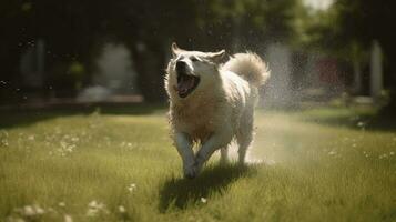 en hund glatt löpning genom en sprinkler på en varm sommar dag foto